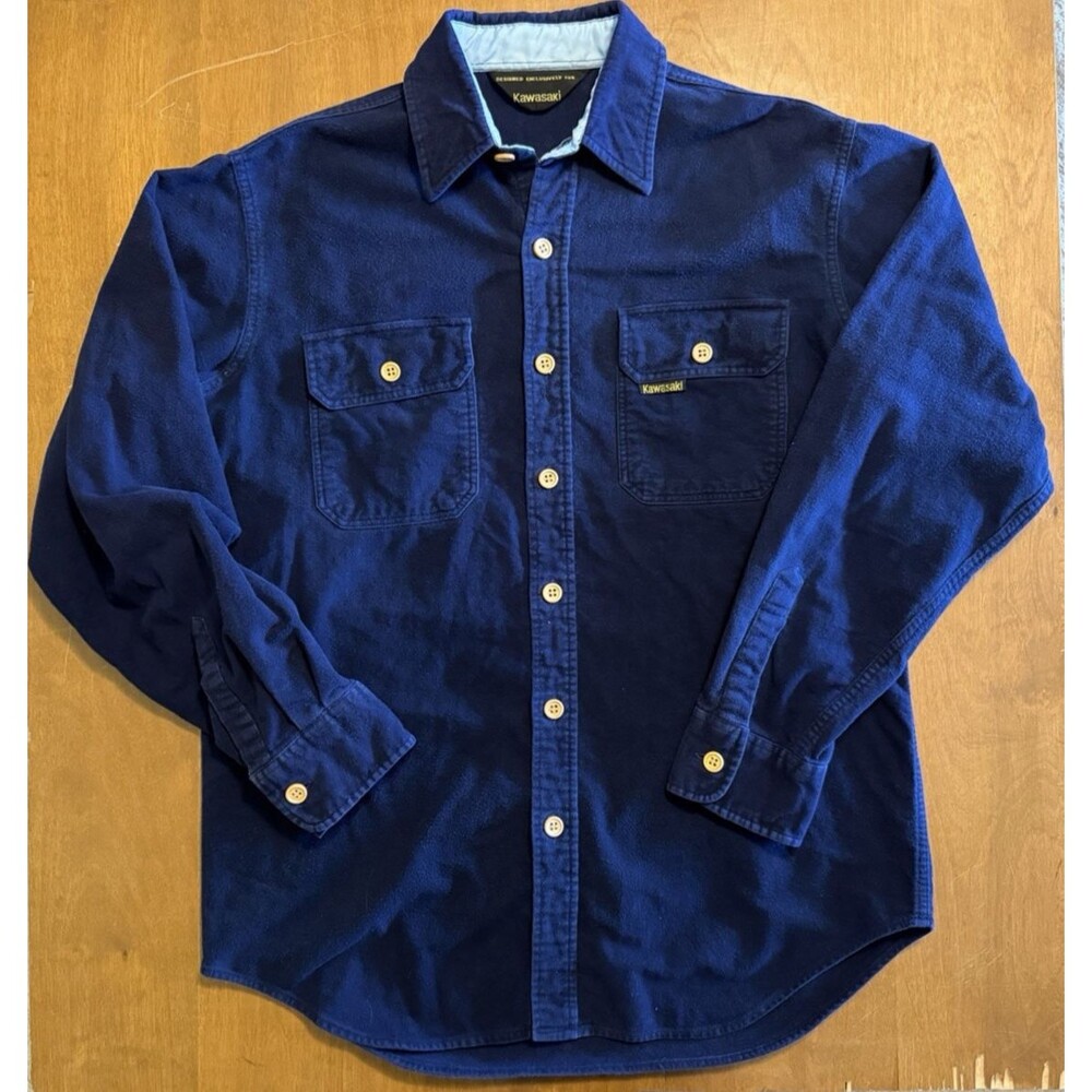Kawasaki Y2K Heavyweight Work Shirt Long Sleeved Button Front Navy Blue Men's L